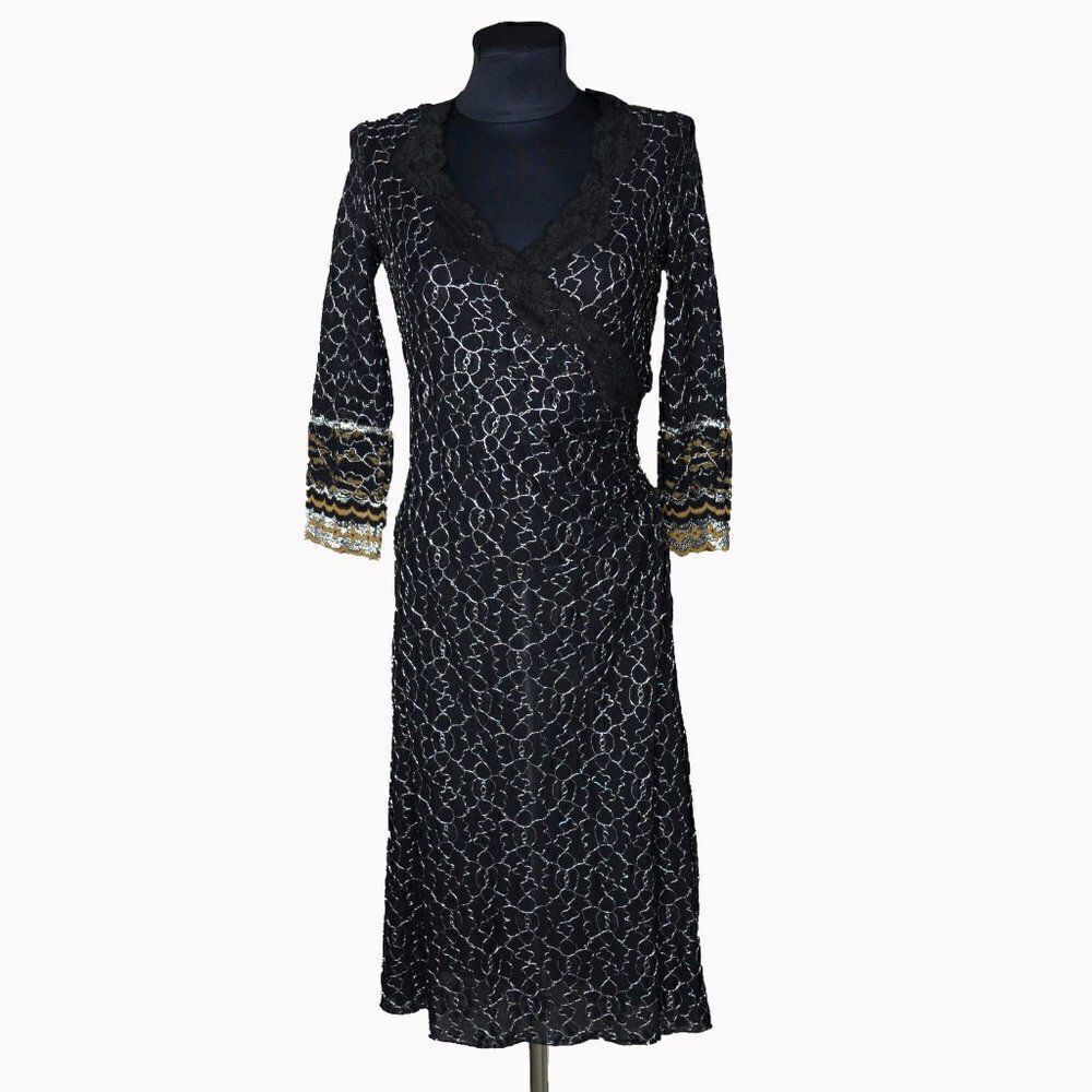 Vintage Betsey Johnson Embroidered Black Wrap Midi Dress Sz M